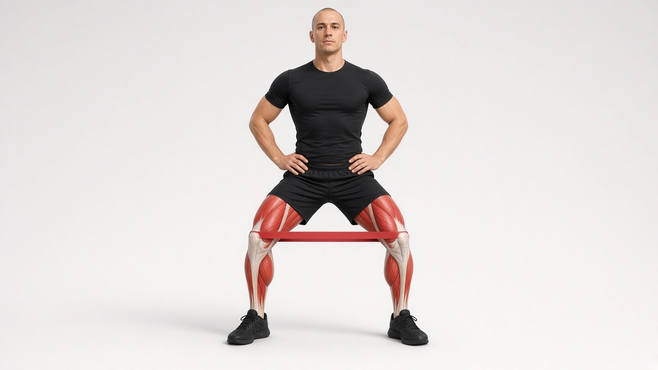 A man in black athletic clothes in a half-squat with hands on his hips and a red loop band just above his knees, with his leg muscles shown in red.