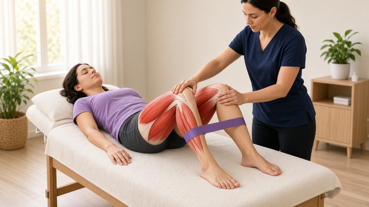 A client lying face up on a massage table with knees bent and a loop band around the lower legs, thigh muscles shown in red, while a therapist rests a hand on each knee.