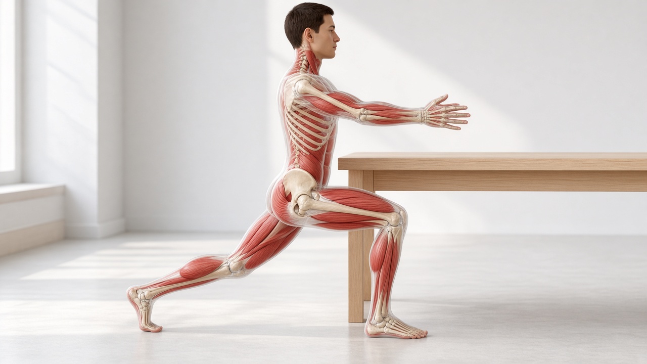 Anatomical side view of an adult in a long lunge beside a plain wooden table, one arm reaching forward, with red muscles of the legs, hip, and reaching arm.