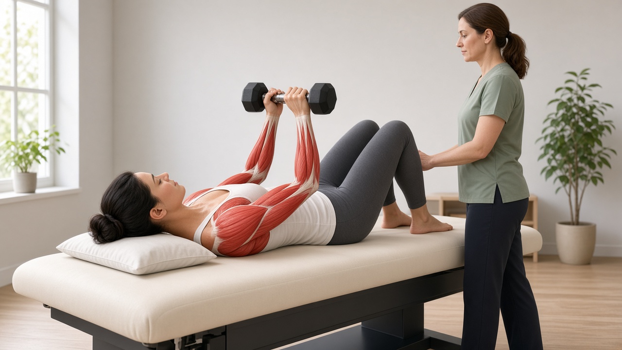 A client lying face up on a massage table pressing a dumbbell above her chest, with red arm and shoulder muscles, while a therapist stands beside the table with both hands near the client's knee.