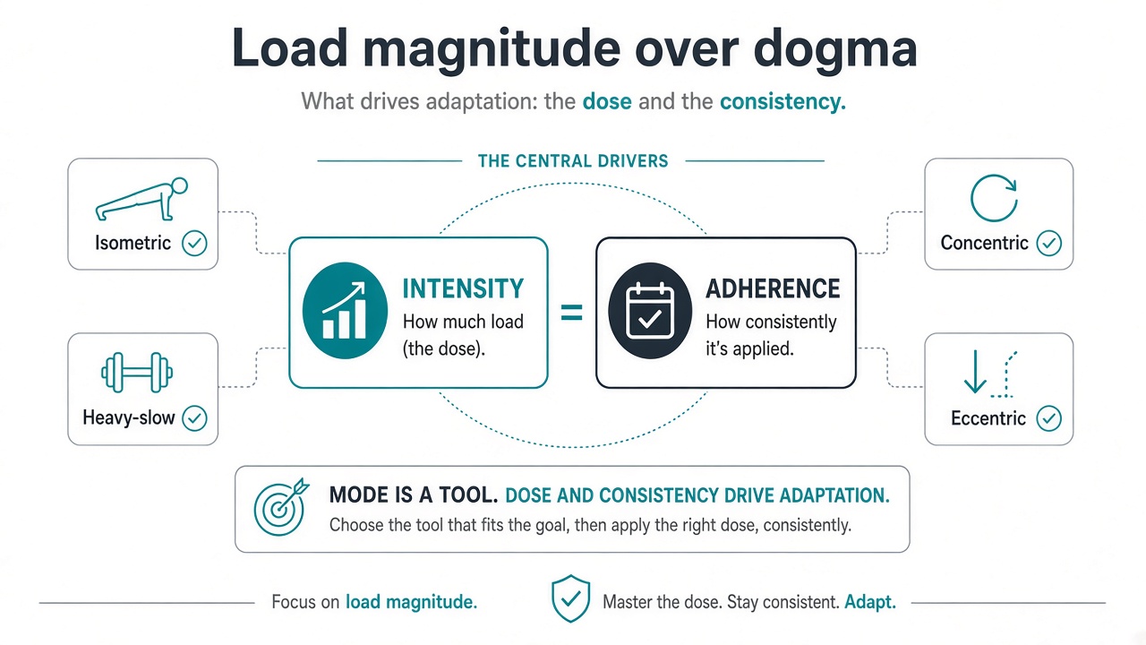 Illustrative schematic that load magnitude and adherence drive adaptation more than mode dogma. Generated educational graphic; not clinical evidence.