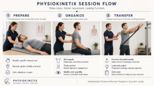 Illustrative Prepare → Organize → Transfer session flow for shoulder-girdle organization. Generated educational graphic; not clinical evidence.