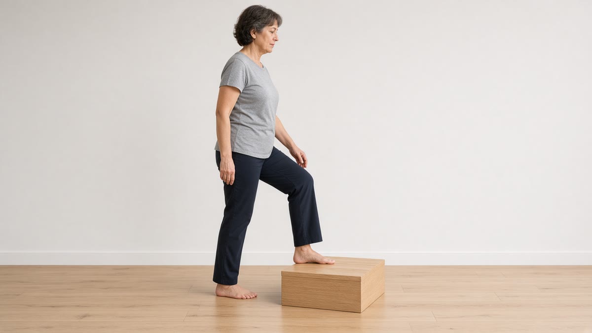 An adult, shown from the side, practices a slow step onto a low step in a plain room.