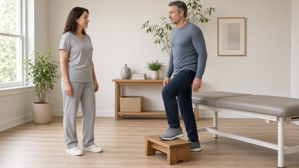 A client steps onto a low step next to a massage table as a therapist stands nearby and watches.