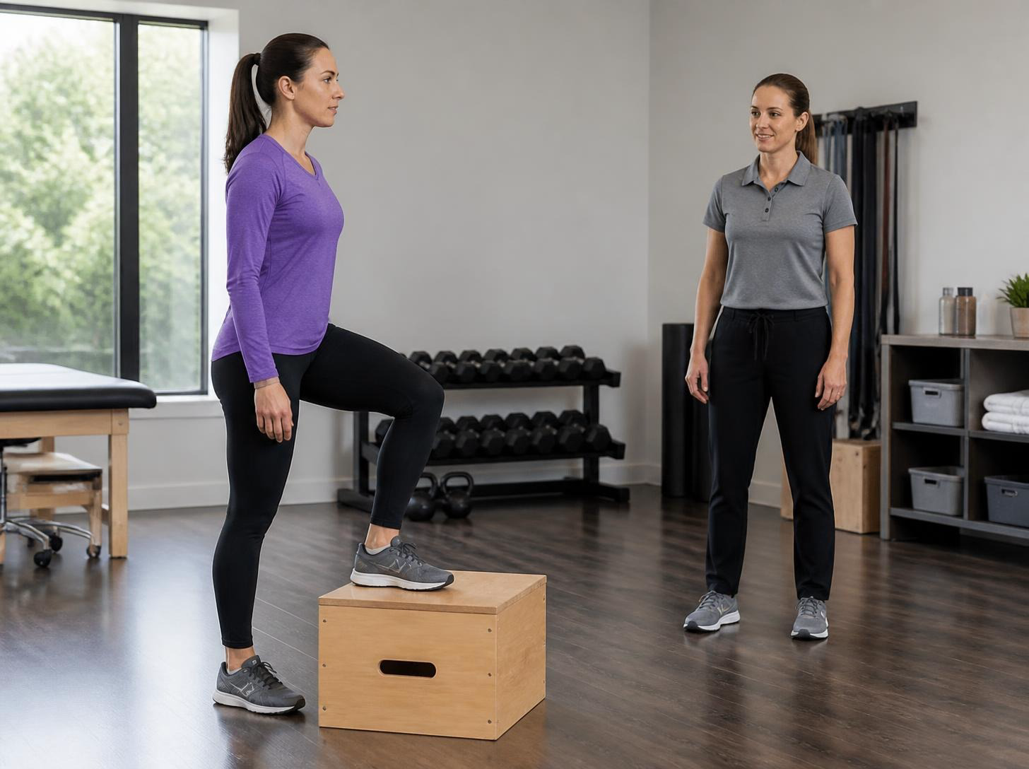 An adult practices a controlled step onto a low box in a bright clinic while a therapist stands nearby and watches.