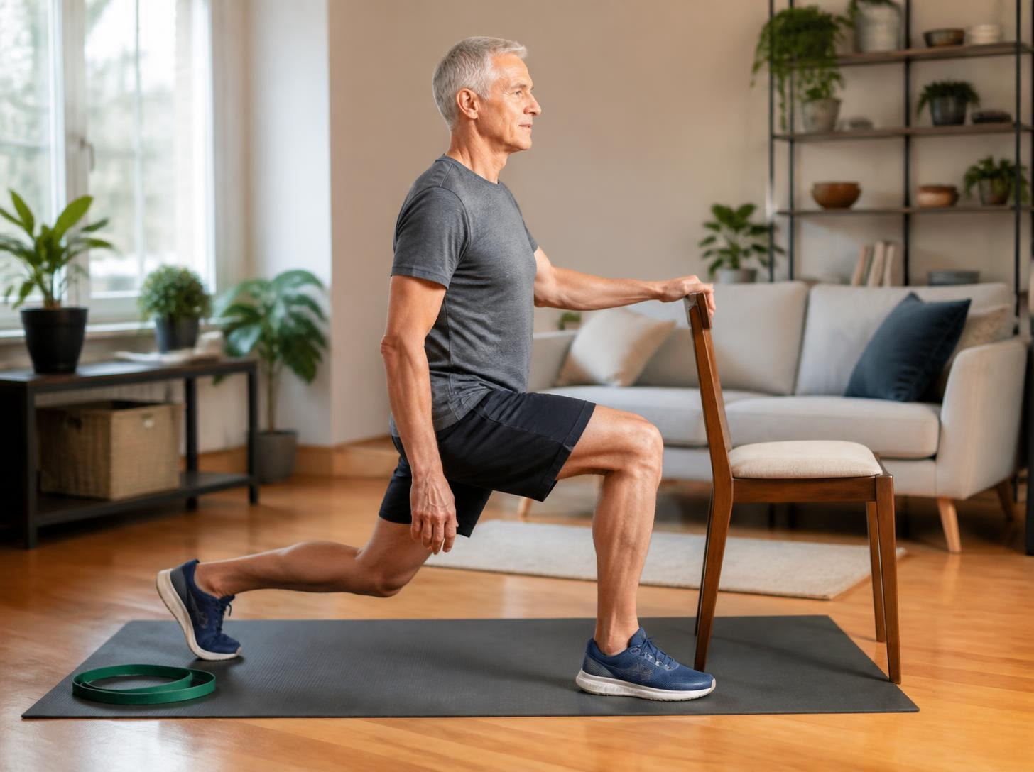 An older man holds the back of a wooden chair for balance while doing a split squat on an exercise mat in his living room, with a resistance band on the mat.