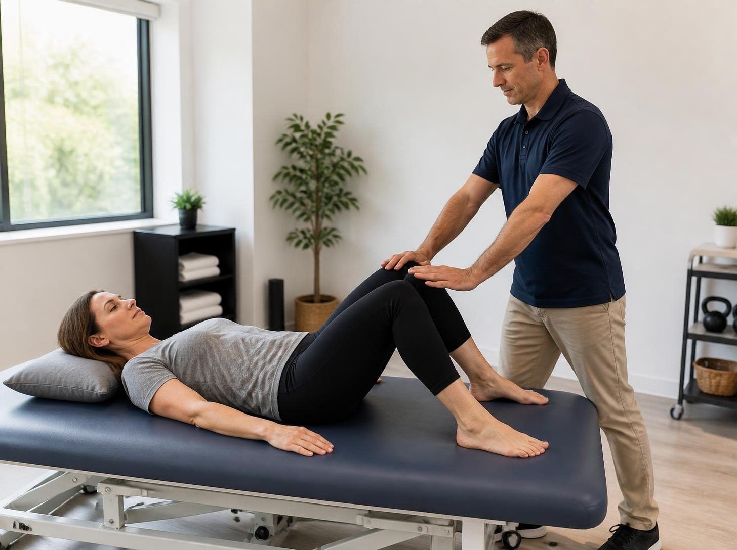 A woman lies on her back on a treatment table with both knees bent while a therapist stands beside her with a hand on each knee.
