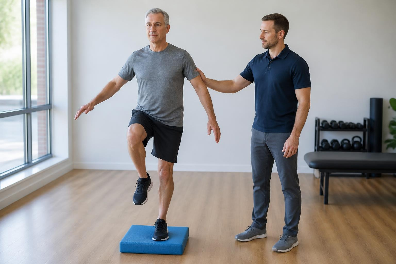 A gray-haired man stands on one leg on a blue foam balance pad in a bright studio while a coach stands beside him with a hand lightly on his shoulder.