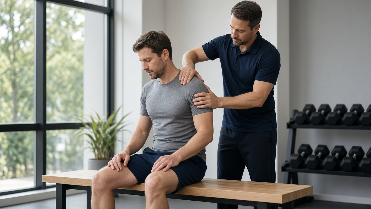 A clinician stands behind a seated client in a training area and works with both hands on the client's shoulder after activity