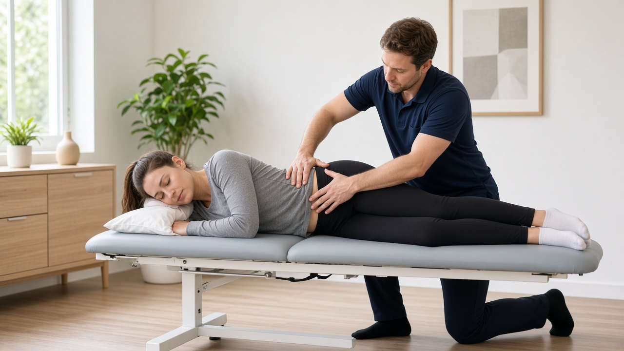 A clinician kneels beside a treatment table and works with both hands along the hip and lower back of a client lying on their side
