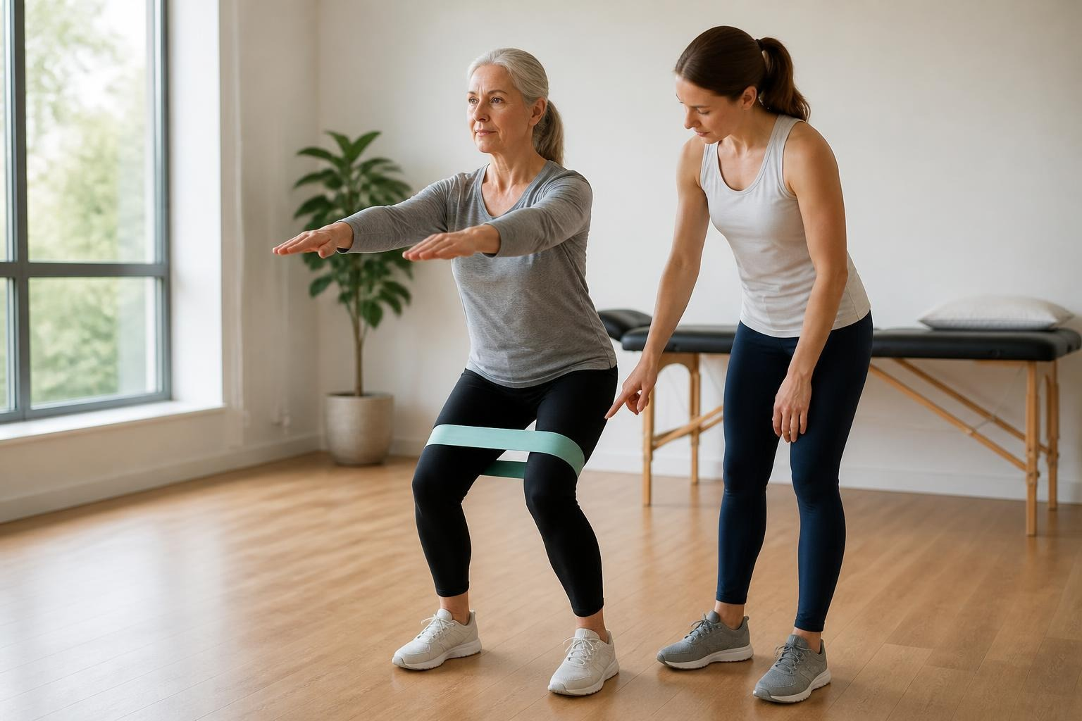 A gray-haired woman holds a shallow squat with a light resistance band around her thighs and her arms reaching forward, while a coach beside her watches her knees.