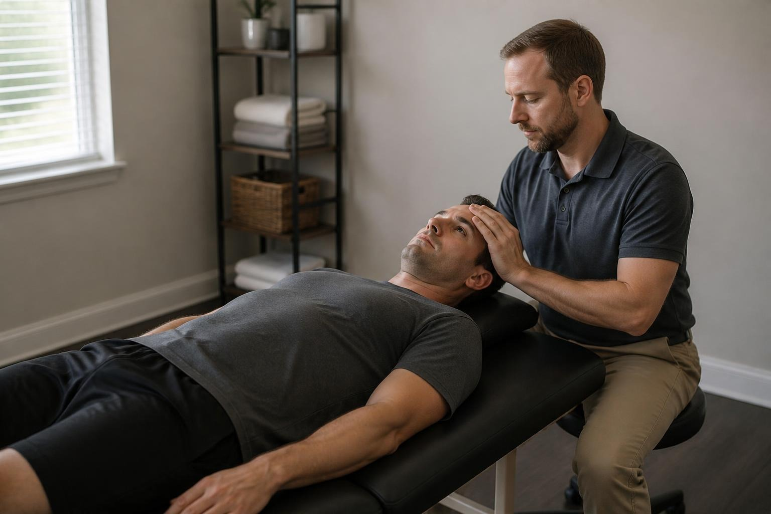A man lies face up on a padded treatment table while a therapist seated at the head of the table rests his hands lightly against the man's forehead.