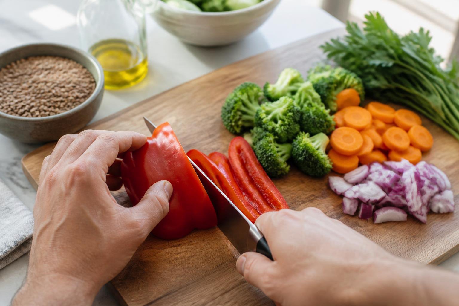 Close view of two hands slicing a red bell pepper on a wooden cutting board beside chopped broccoli, carrots, and red onion, with a bowl of lentils and a bottle of olive oil in the background