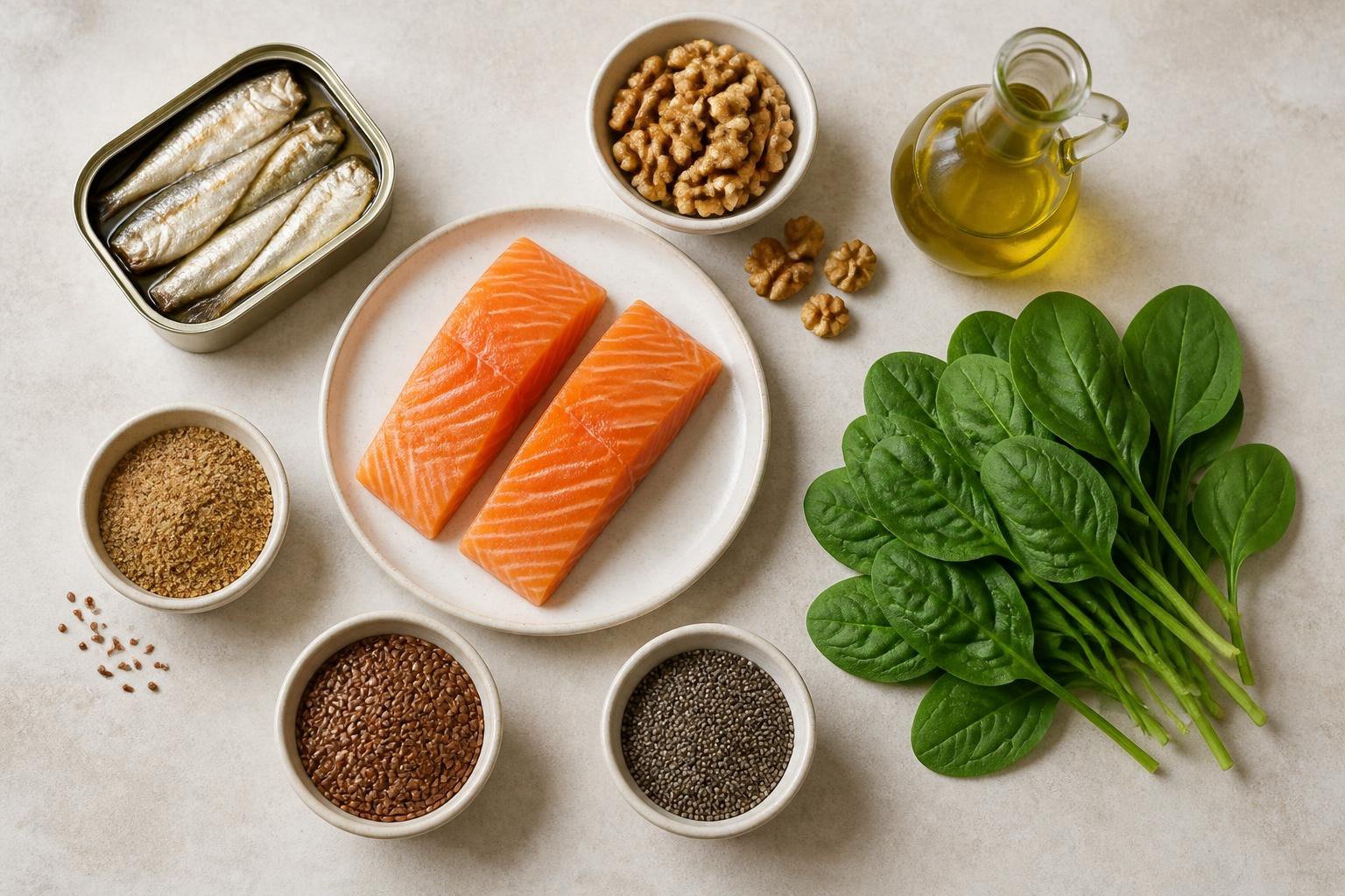 Top-down view of omega-3-rich foods on a stone countertop, including two salmon fillets, a tin of sardines, walnuts, flaxseed, chia seeds, fresh spinach, and a glass cruet of olive oil