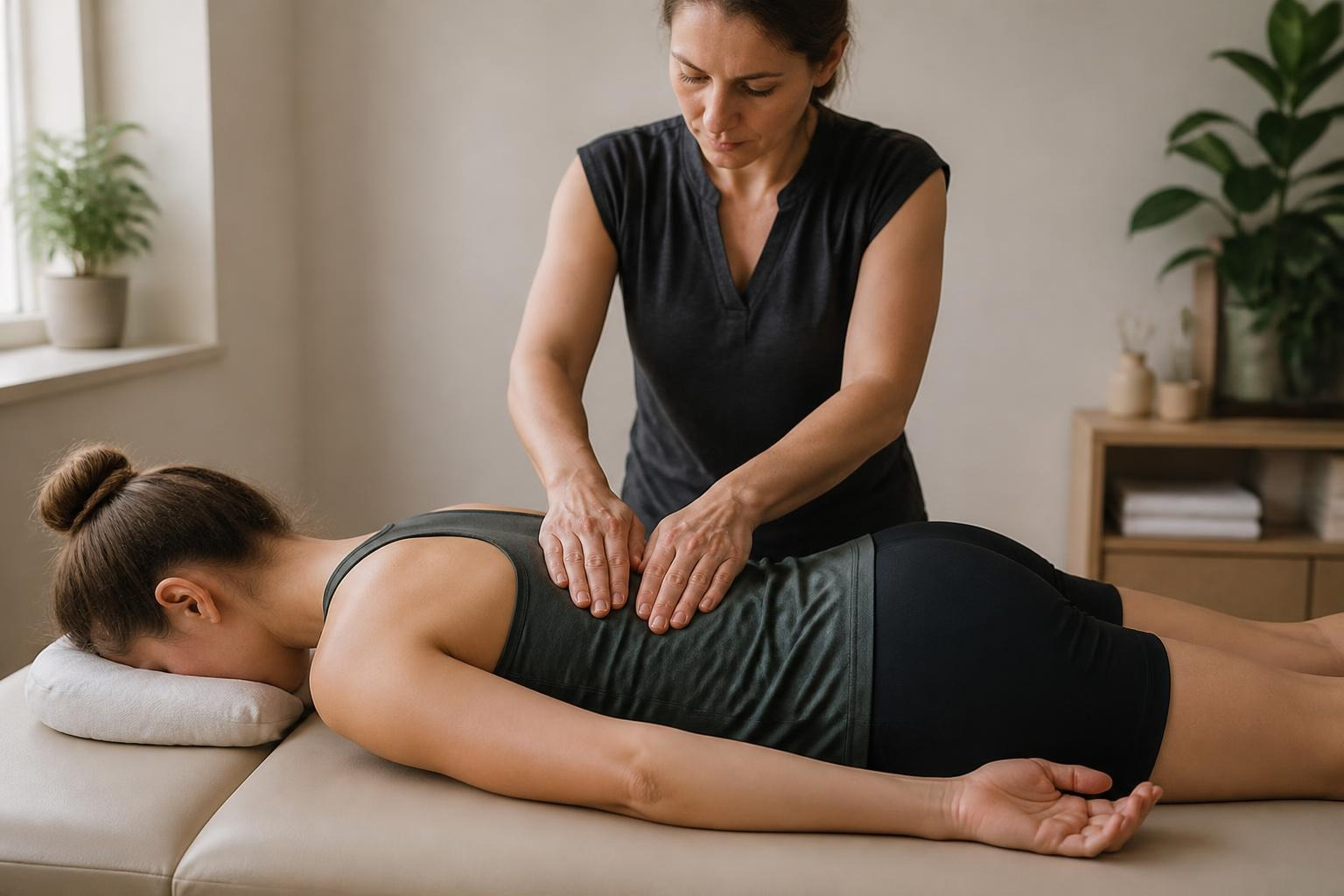 A therapist rests both palms on the mid back of a woman lying face down on a padded table during gentle hands-on work for the thoracic spine