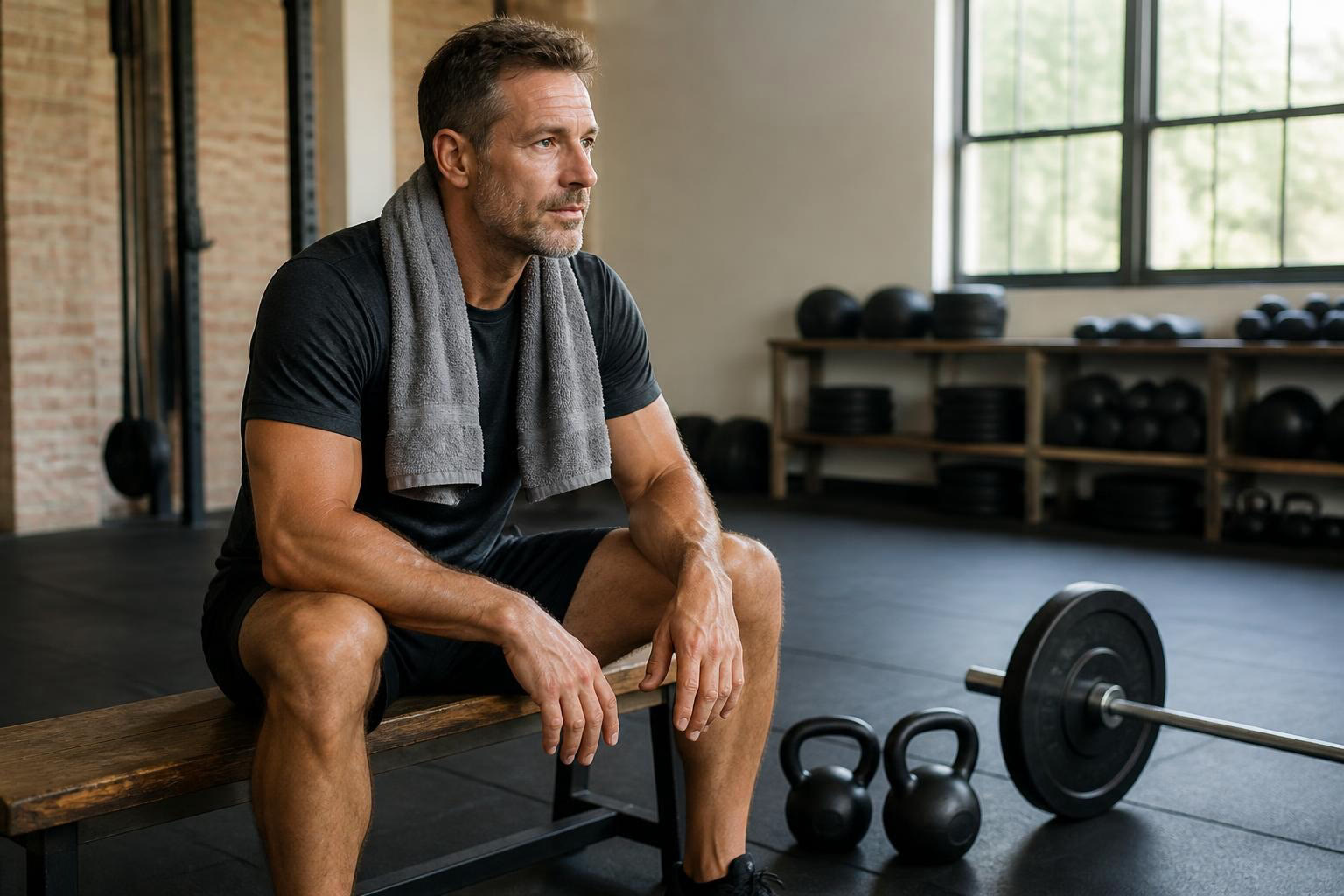 A fit middle-aged man resting on a wooden bench in a bright training studio after a strength workout, a gray towel around his neck, forearms on his knees, with kettlebells and a barbell on the floor nearby