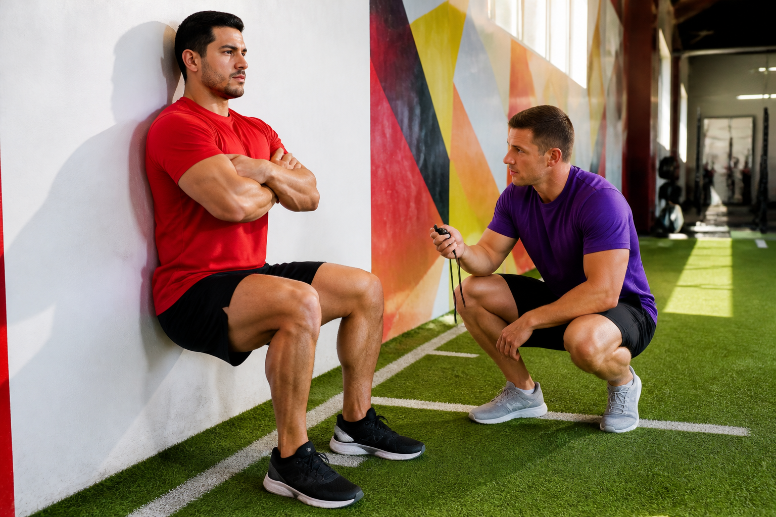 A man in a red shirt holds a deep wall-sit with thighs level and arms crossed while a coach in a purple shirt crouches beside him with a stopwatch