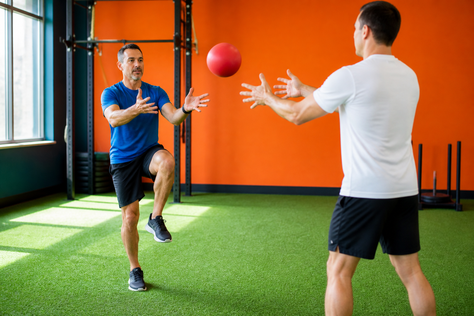 A man in a blue shirt balances on one leg on green turf with both hands open to catch a red ball tossed by a coach in a white shirt