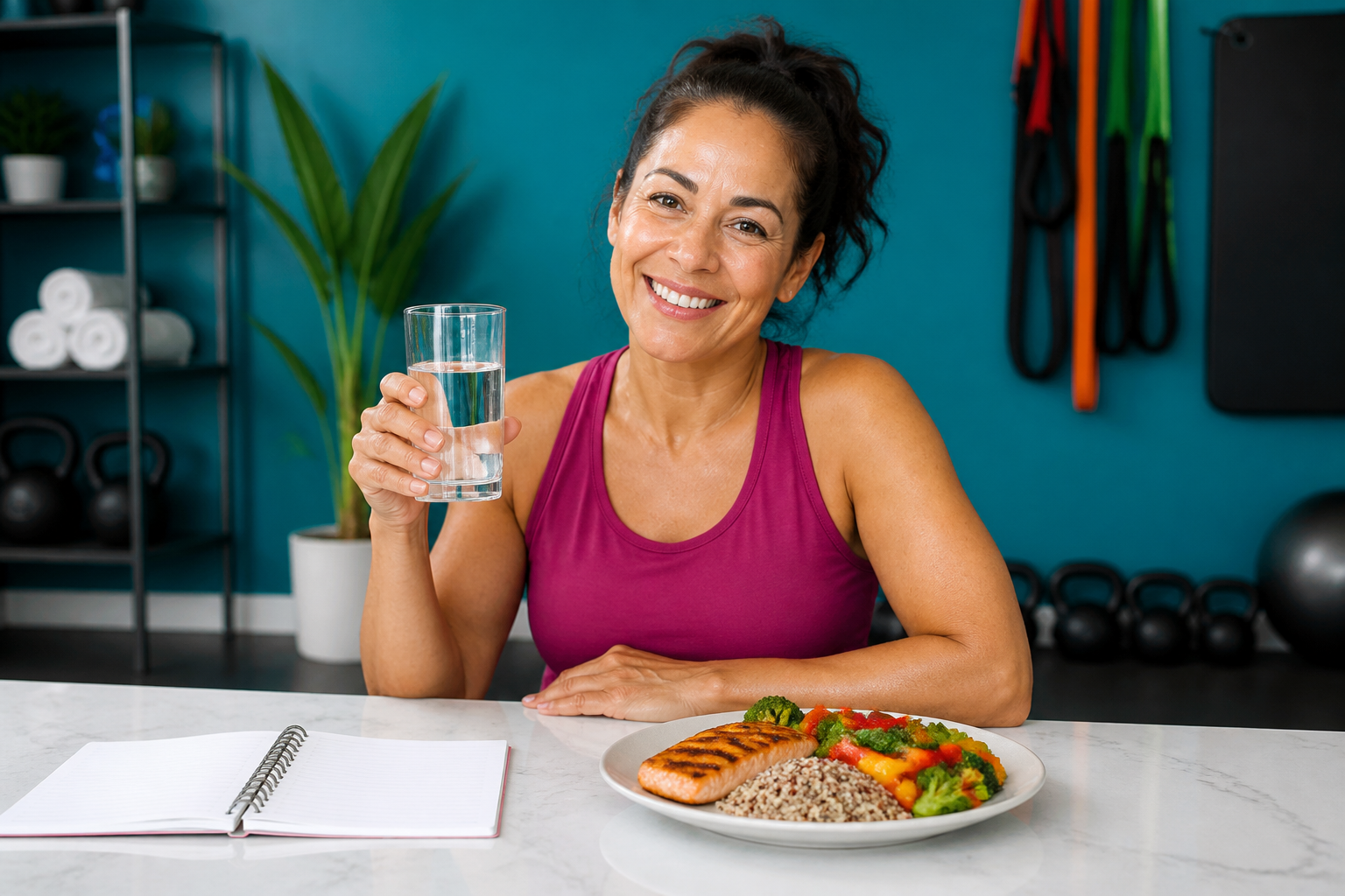 A smiling woman in a magenta tank top sits at a white counter holding a glass of water beside a plate of grilled salmon, quinoa, and colorful vegetables, with kettlebells and bands against a teal wall behind her